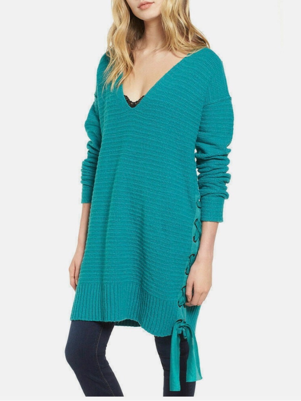 FREE PEOPLE Heart It Laces Chenille Cotton Blend Tunic Sweater Small
